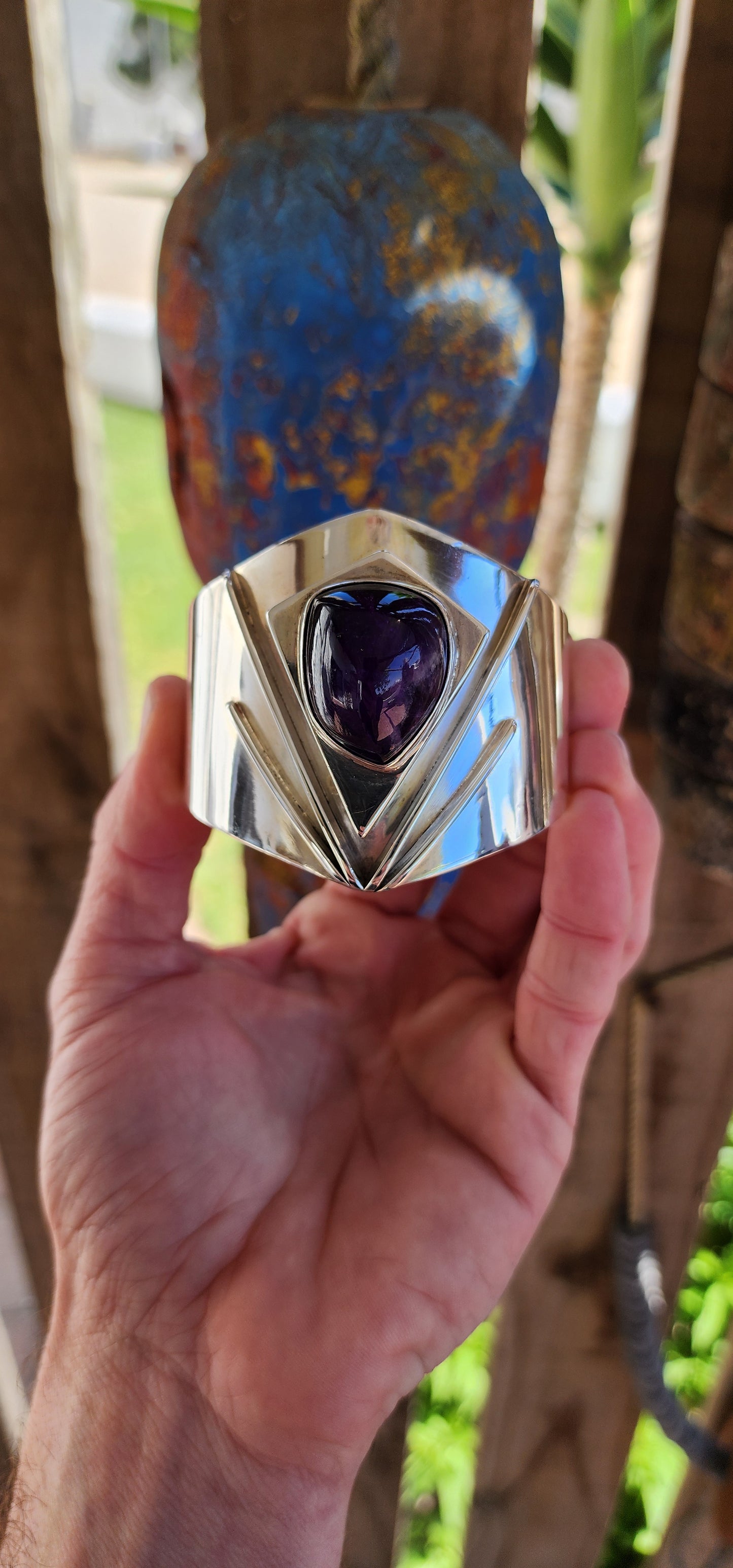 This chunky Designer cuff bangle is an extraordinary and rare piece from the 1970s by the celebrated South African silversmith Margaret Richardson.