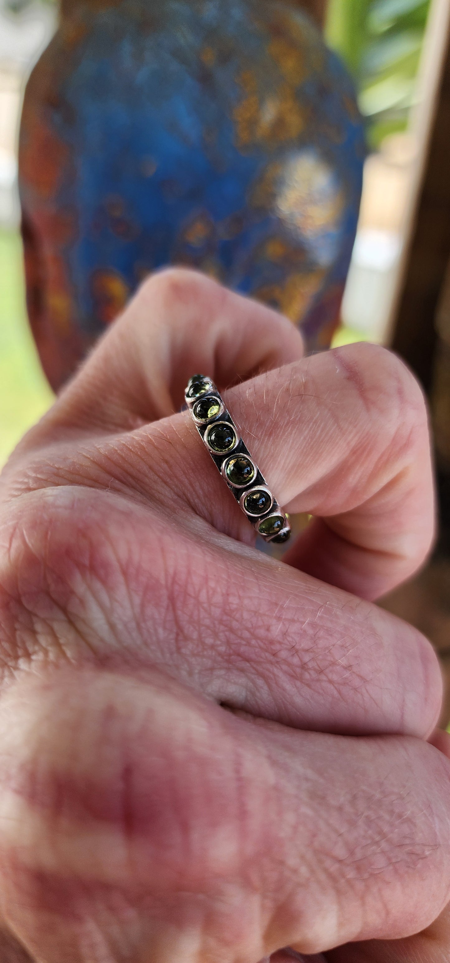 Vintage Sterling Silver and Peridot Gemstones full eternity ring.