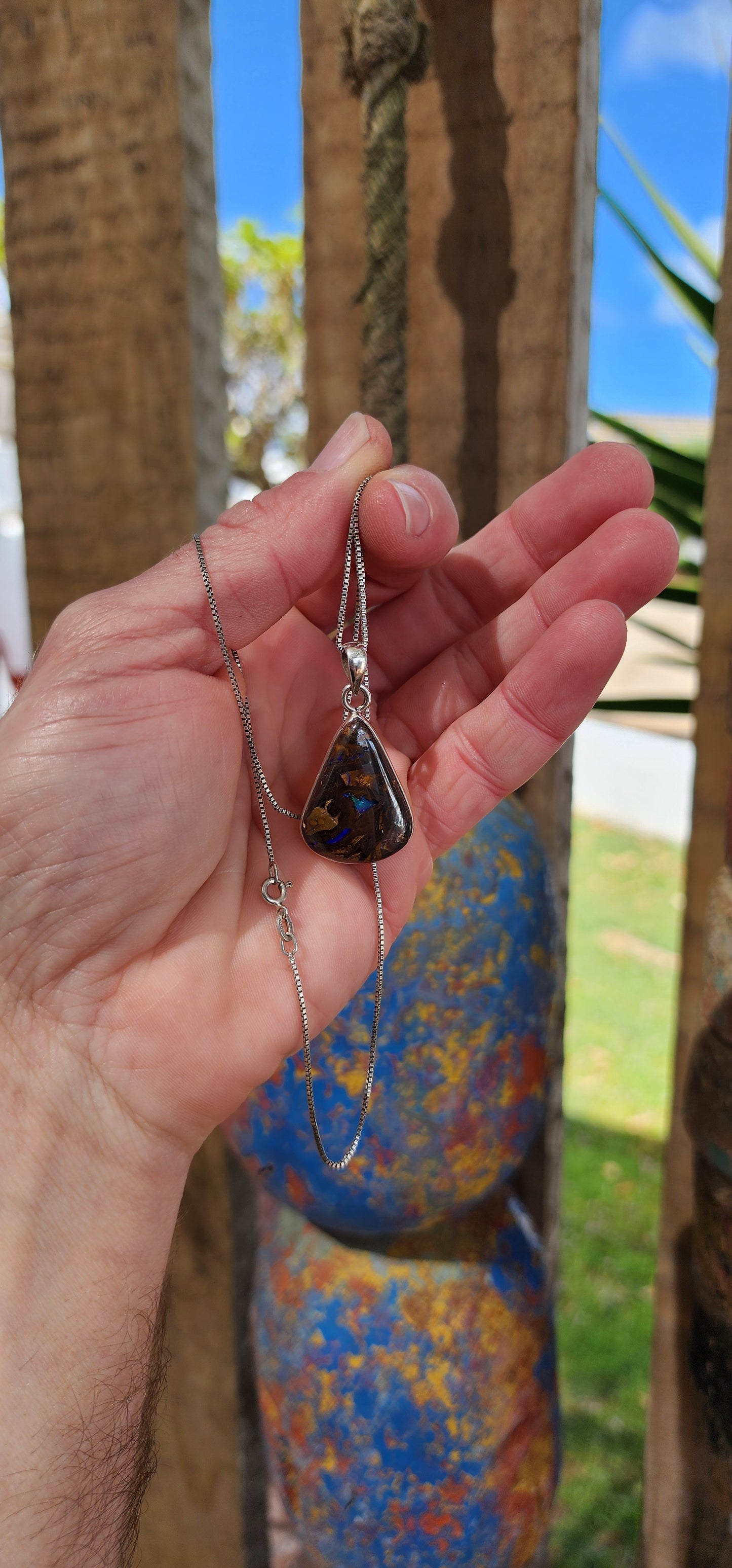 Beautiful Sterling Silver and Australian Boulder Opal Cabochon pendant - Fitted on a Sterling Silver Box chain.