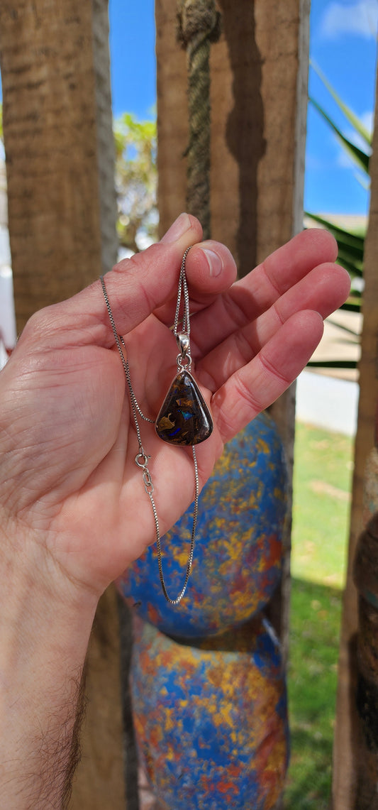 Beautiful Sterling Silver and Australian Boulder Opal Cabochon pendant - Fitted on a Sterling Silver Box chain.