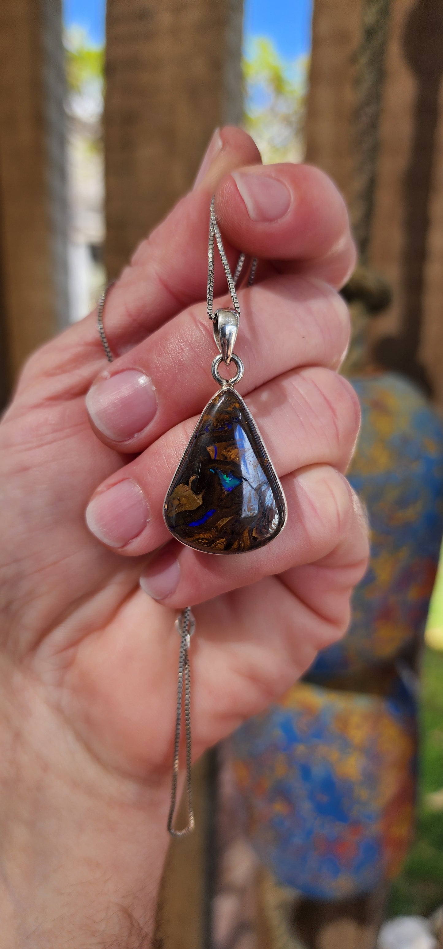 Beautiful Sterling Silver and Australian Boulder Opal Cabochon pendant - Fitted on a Sterling Silver Box chain.