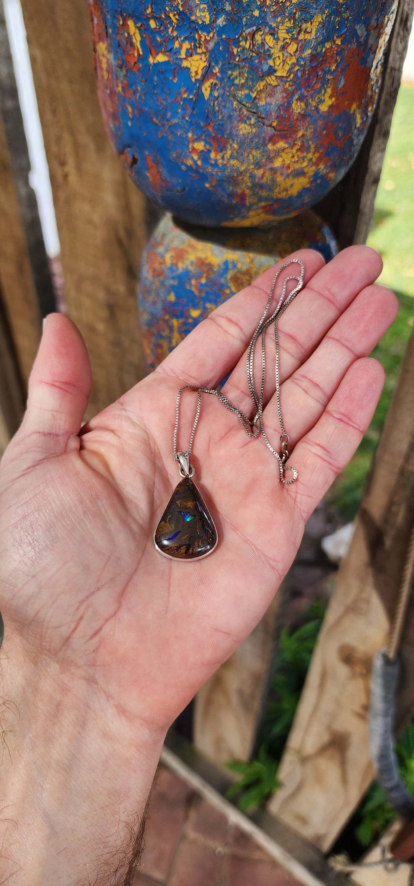 Beautiful Sterling Silver and Australian Boulder Opal Cabochon pendant - Fitted on a Sterling Silver Box chain.