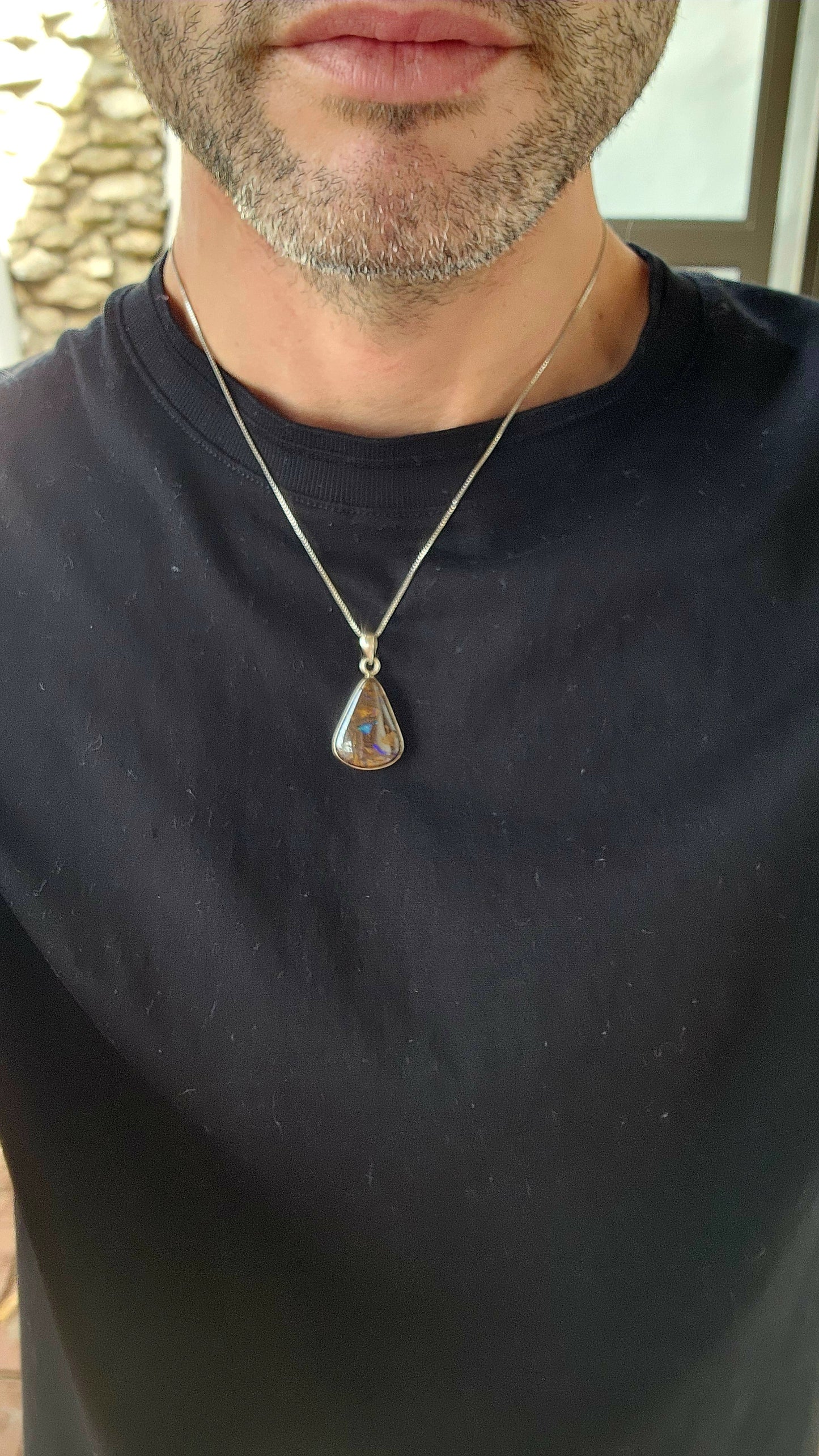 Beautiful Sterling Silver and Australian Boulder Opal Cabochon pendant - Fitted on a Sterling Silver Box chain.