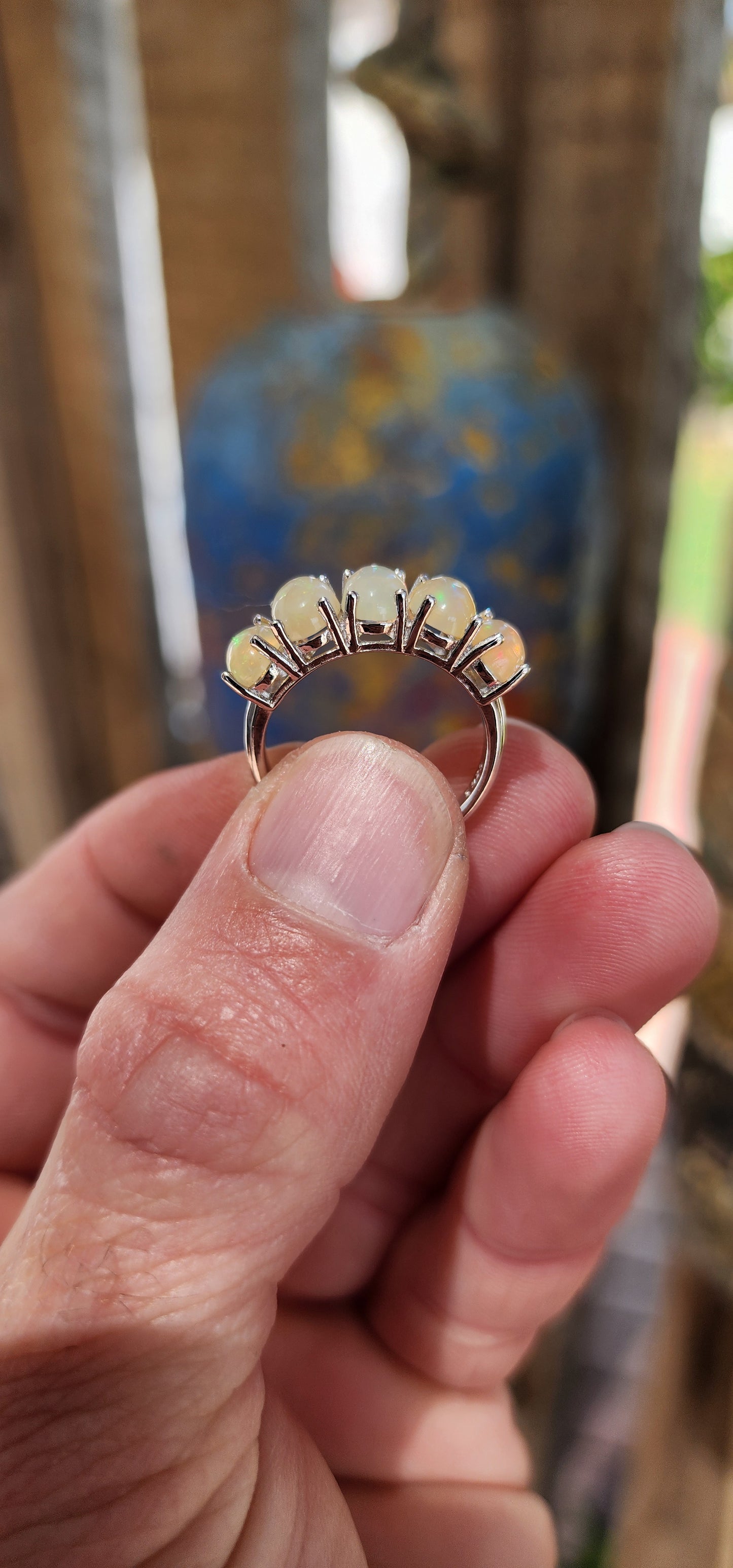 Gorgeous Sterling Silver and Oval-Cut Ethiopian Welo Opal Cabochons half Eternity ring.