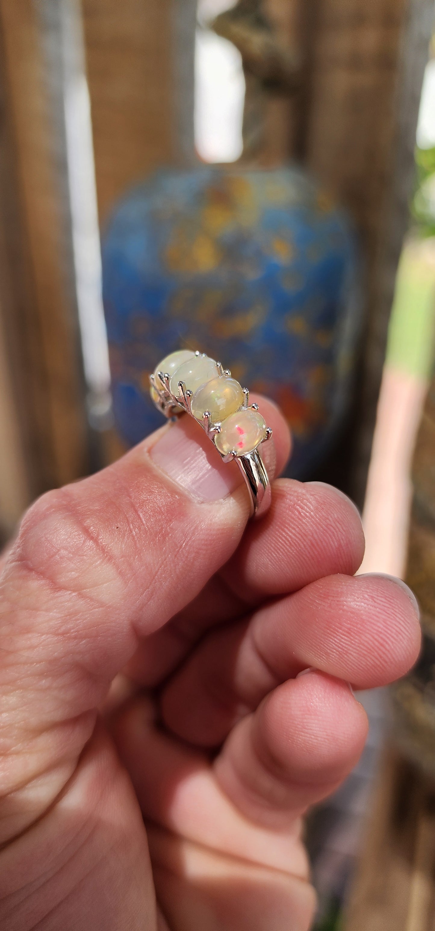 Gorgeous Sterling Silver and Oval-Cut Ethiopian Welo Opal Cabochons half Eternity ring.