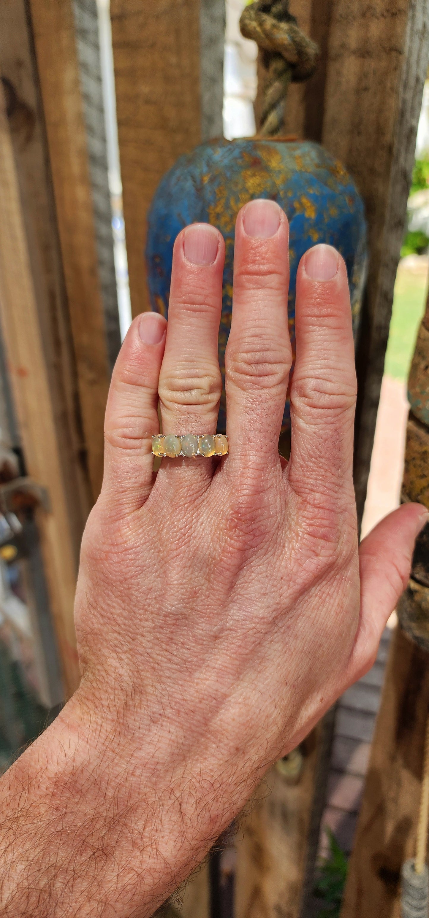 Gorgeous Sterling Silver and Oval-Cut Ethiopian Welo Opal Cabochons half Eternity ring.