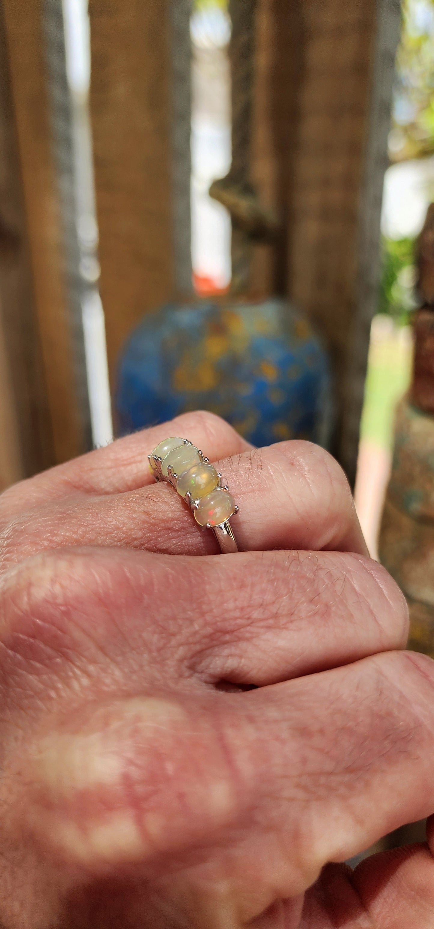 Gorgeous Sterling Silver and Oval-Cut Ethiopian Welo Opal Cabochons half Eternity ring.