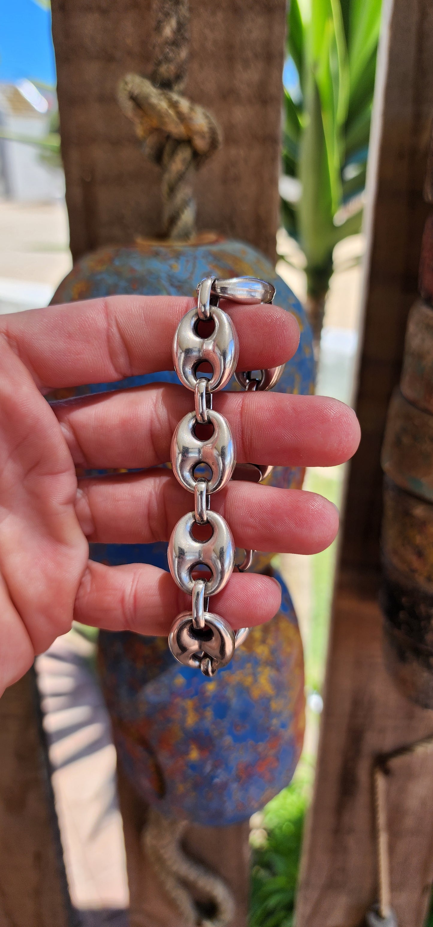 Chunky and extra length vintage hollow Sterling Silver Mariner link bracelet.