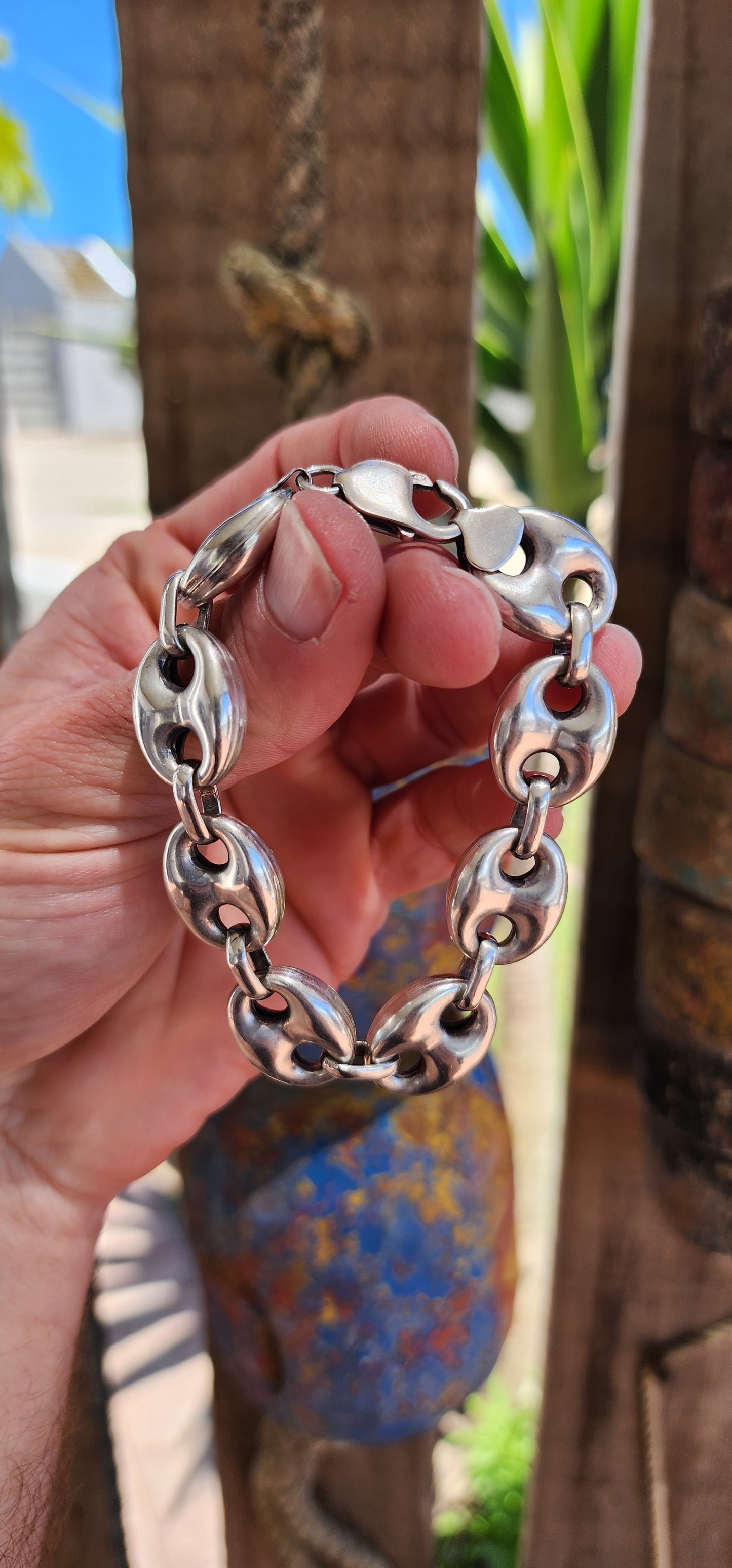 Chunky and extra length vintage hollow Sterling Silver Mariner link bracelet.