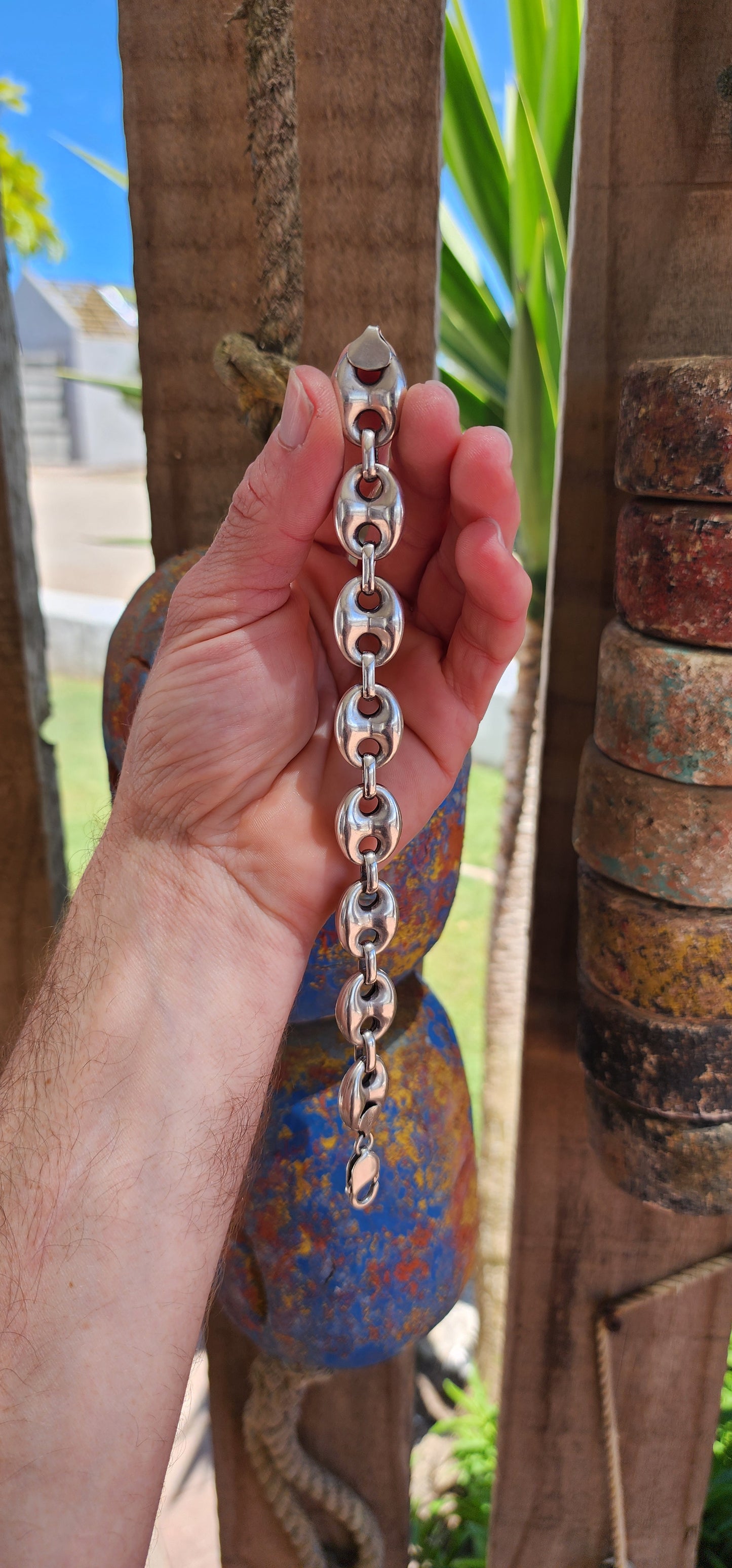 Chunky and extra length vintage hollow Sterling Silver Mariner link bracelet.