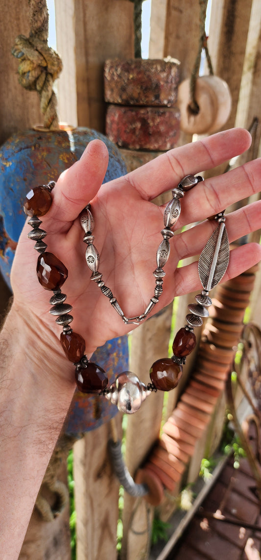 Marvelous and chunky vintage ethnic/bohemian Hill Tribe necklace with agate beads and sterling silver.