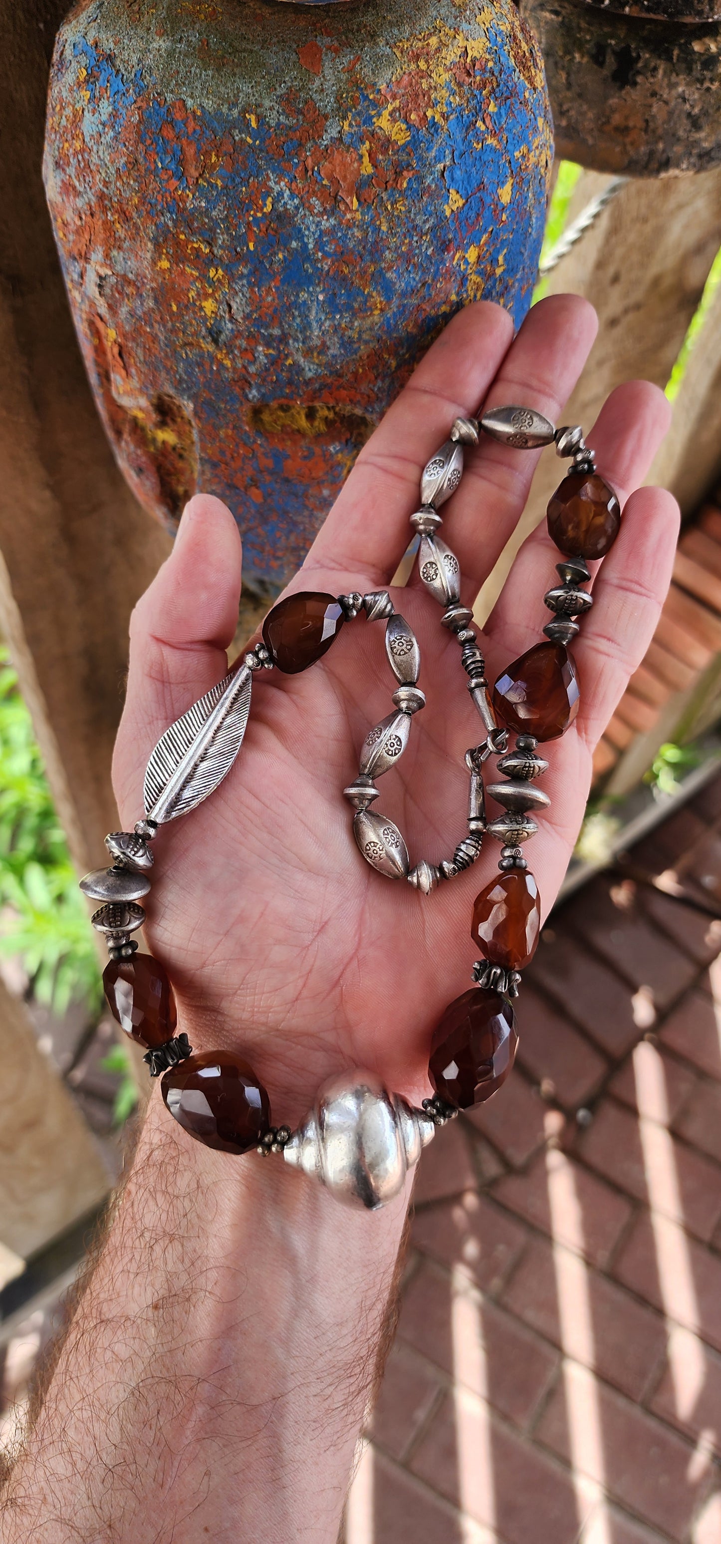 Marvelous and chunky vintage ethnic/bohemian Hill Tribe necklace with agate beads and sterling silver.