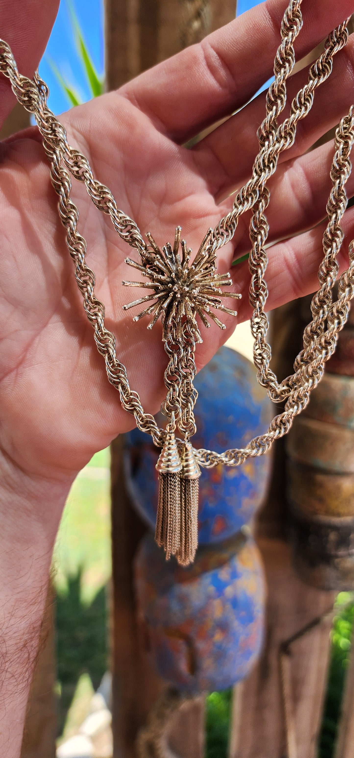 This vintage sterling silver necklace is a bold and intriguing statement piece with a modernist edge.