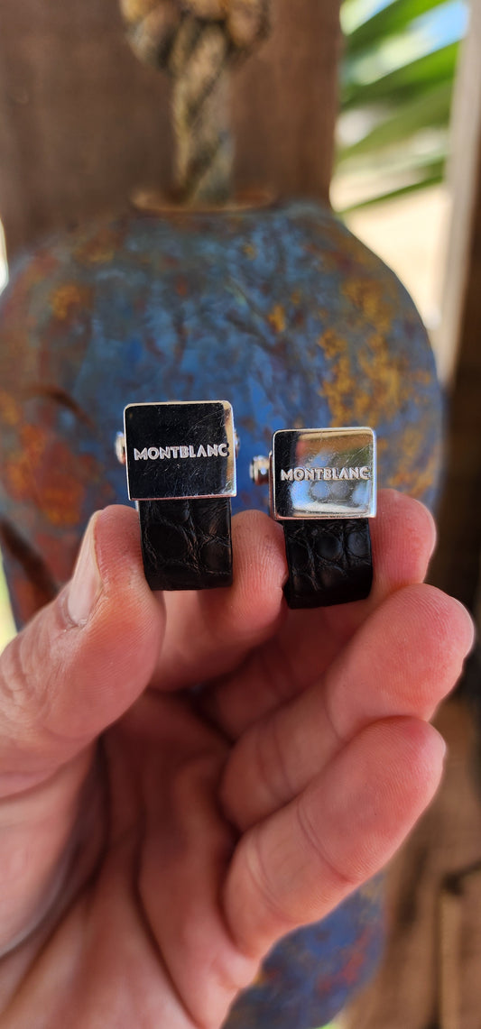 Pair of Luxury Designer Sterling Silver and Black Alligtor Leather cufflinks.