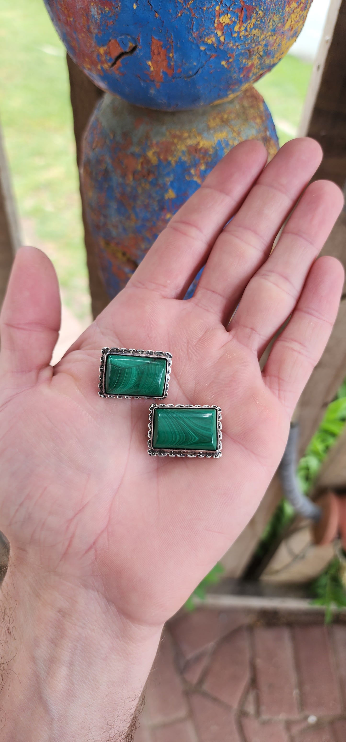 Why settle for one when you can have a dazzling duo?Twinsies!!!These vintage sterling silver and malachite cabochon brooches are pure elegance times two!