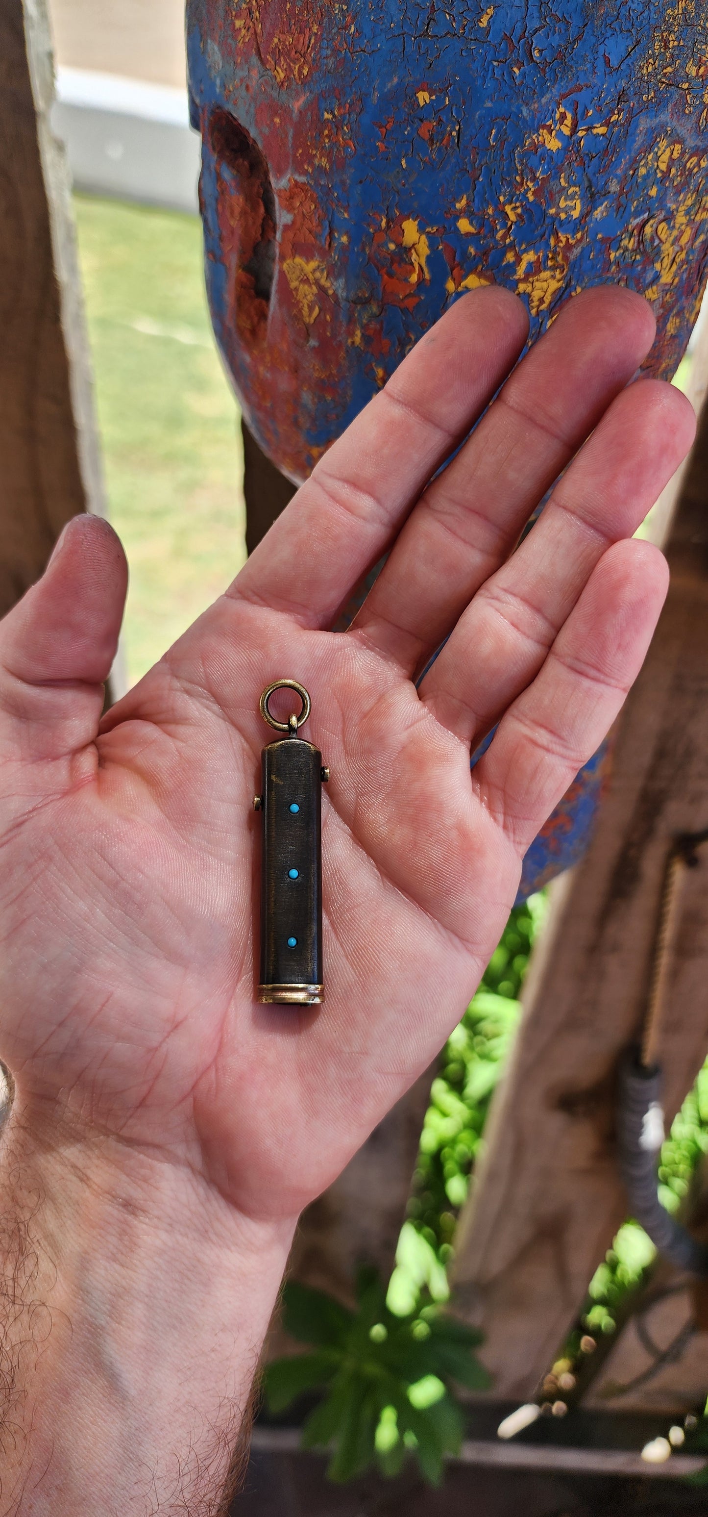 Rare find!This pendant is a remarkable Victorian-era brass multi-tool "etui" that embodies both function and ornamentation, typical of the late 19th to early 20th century.