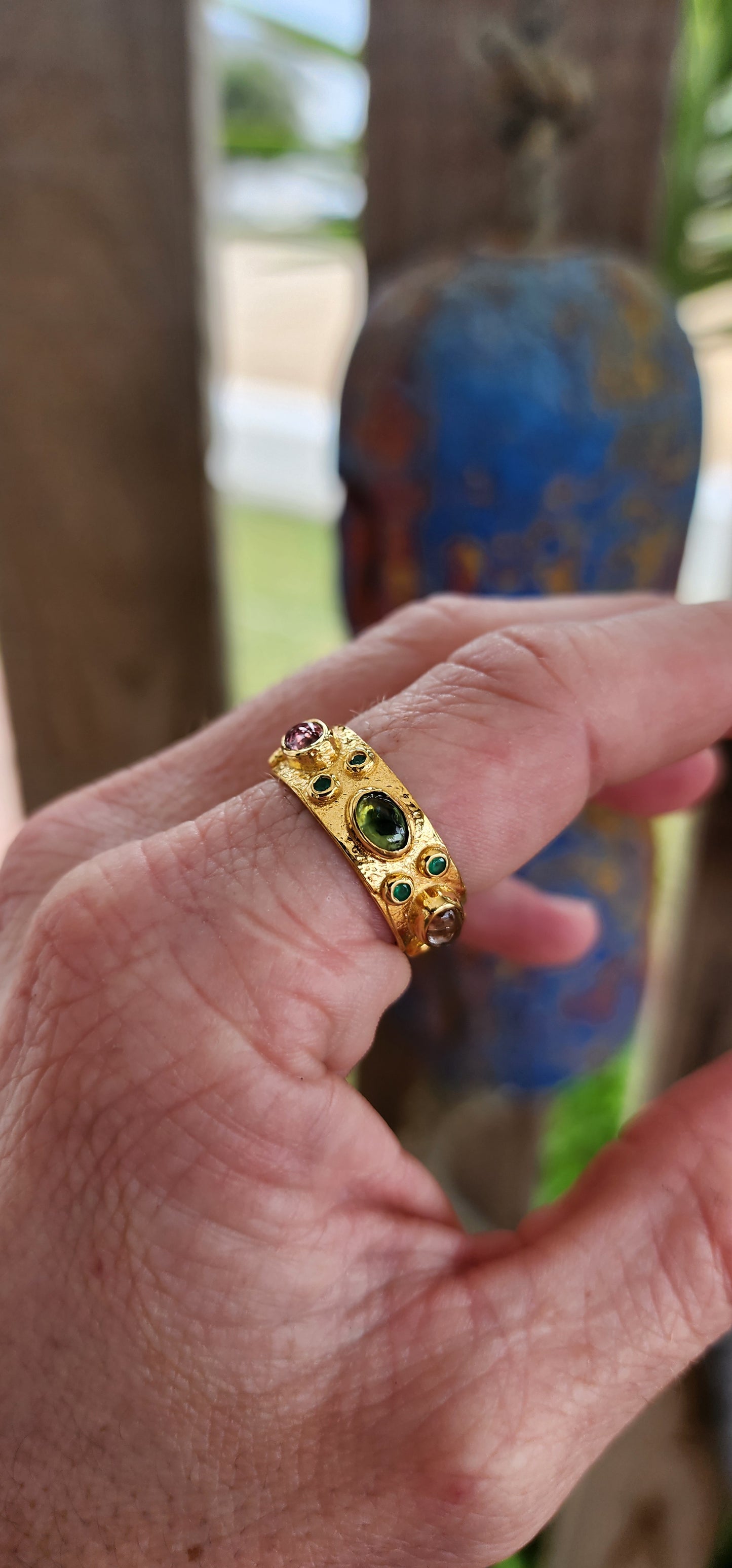 This handmade sterling silver eternity style ring is like a little party on your finger! Its 22ct gold-plated band shines with a joyful, sunlit glow, as if it’s been basking in golden hour forever.