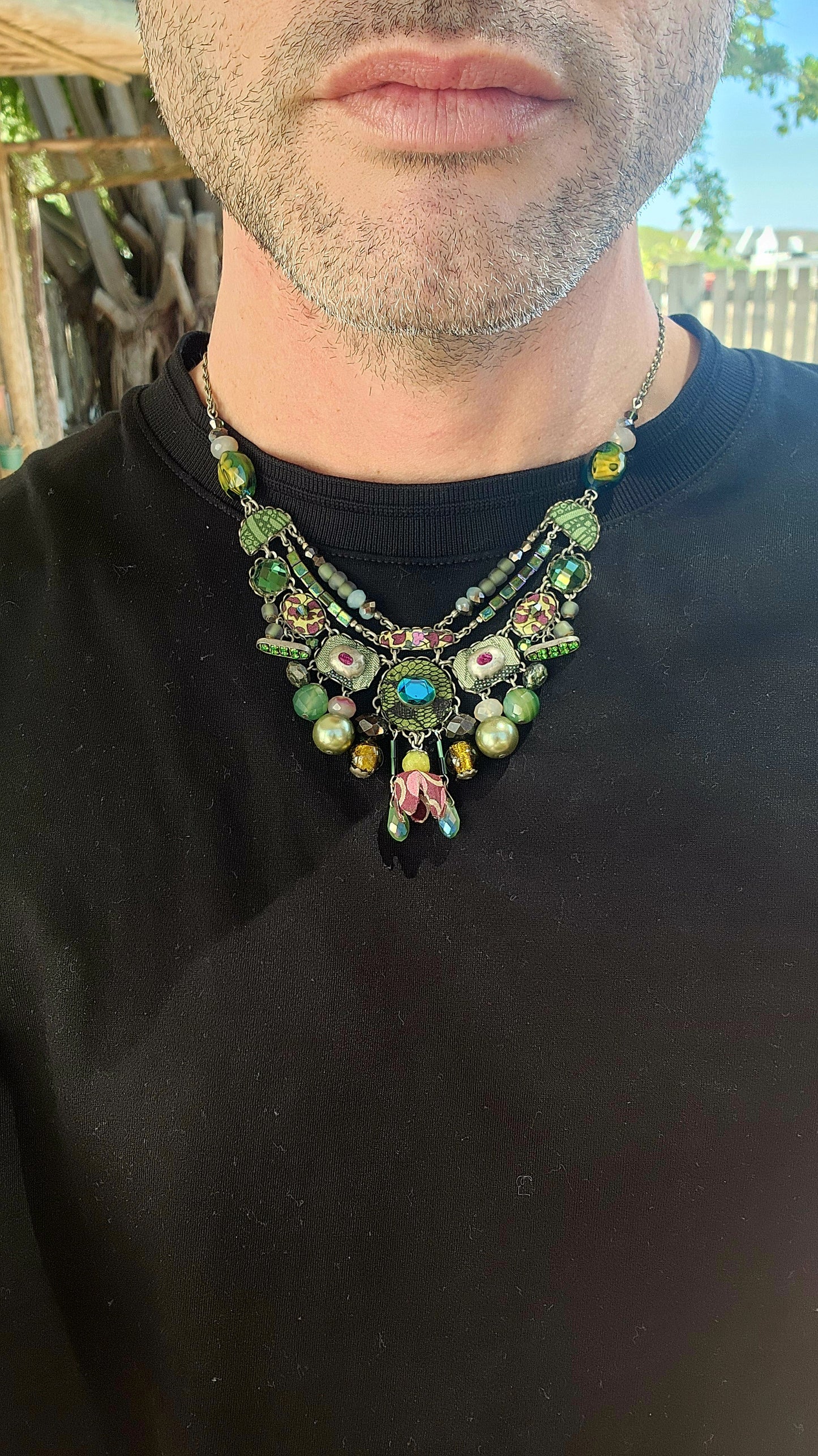 This Ayala Bar handmade statement necklace is a bold and intricate piece that showcases the designer’s artistic mastery and attention to detail.