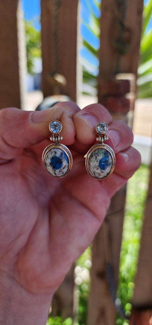 These gorgeous push-in dangle earrings feature a striking, vintage-inspired design, showcasing sky-blue Topaz and rare K2 Jasper in bezel/tube settings.