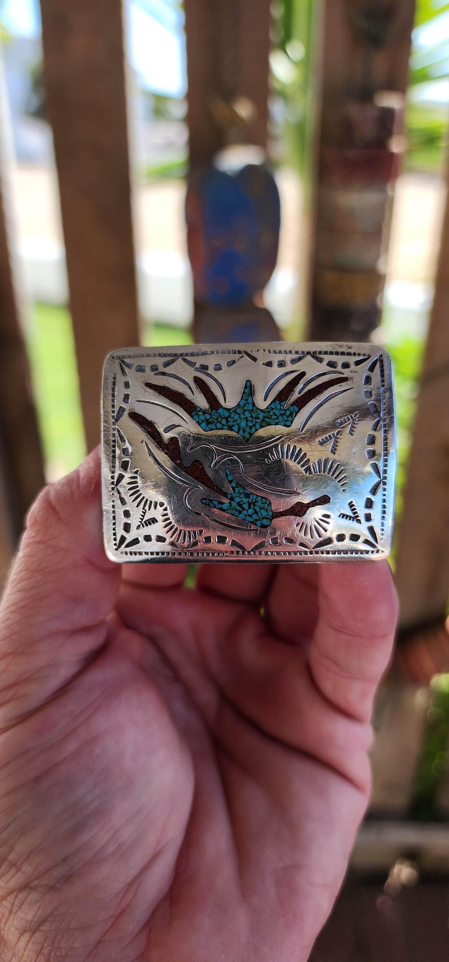 This vintage Zuni Old Pawn sterling silver belt buckle is a small but mighty treasure of Native/Southwestern artistry, carrying with it the spirit of the desert, the wisdom of the Zuni Pueblo, and the hands of a master craftsman—Bennie Bowekaty.