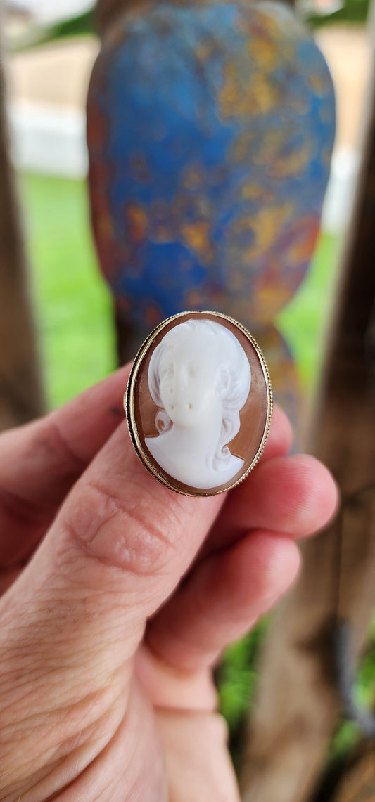 A Splendid Testament to Edwardian Elegance: An Early 20th Century High Relief Conch Shell Cameo statement ring in 9ct Rosy Gold.