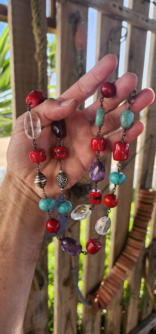 This necklace is a joyous celebration of color, texture, and bohemian artistry—a wearable festival of gemstone delight!