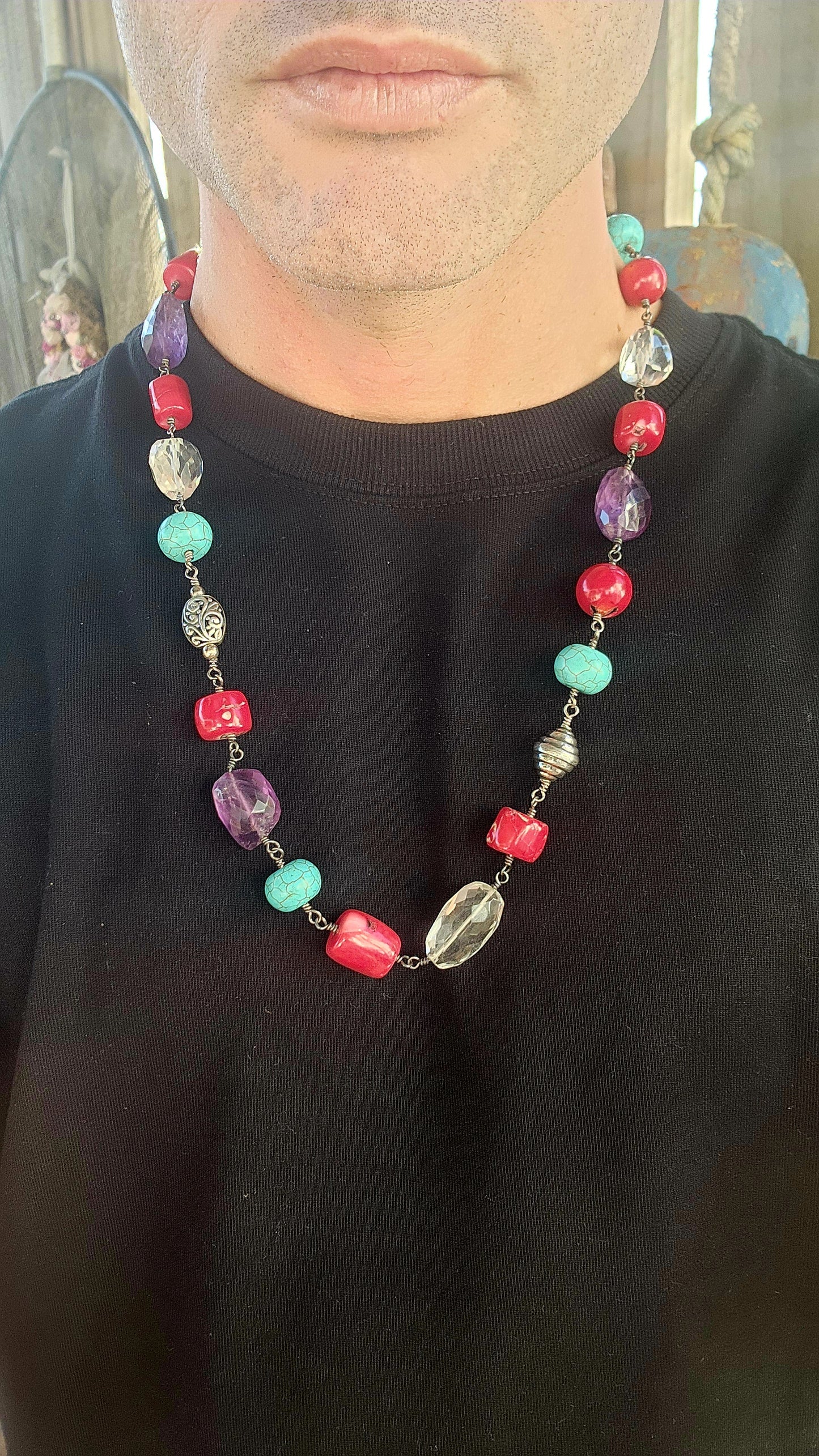 This necklace is a joyous celebration of color, texture, and bohemian artistry—a wearable festival of gemstone delight!