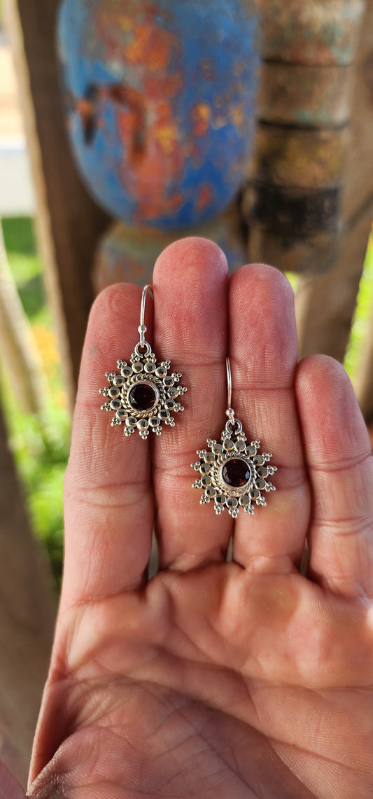 These sterling silver bohemian sunburst dangle earrings are like miniature constellations kissed by firelight—radiating warmth, passion, and vintage soul.