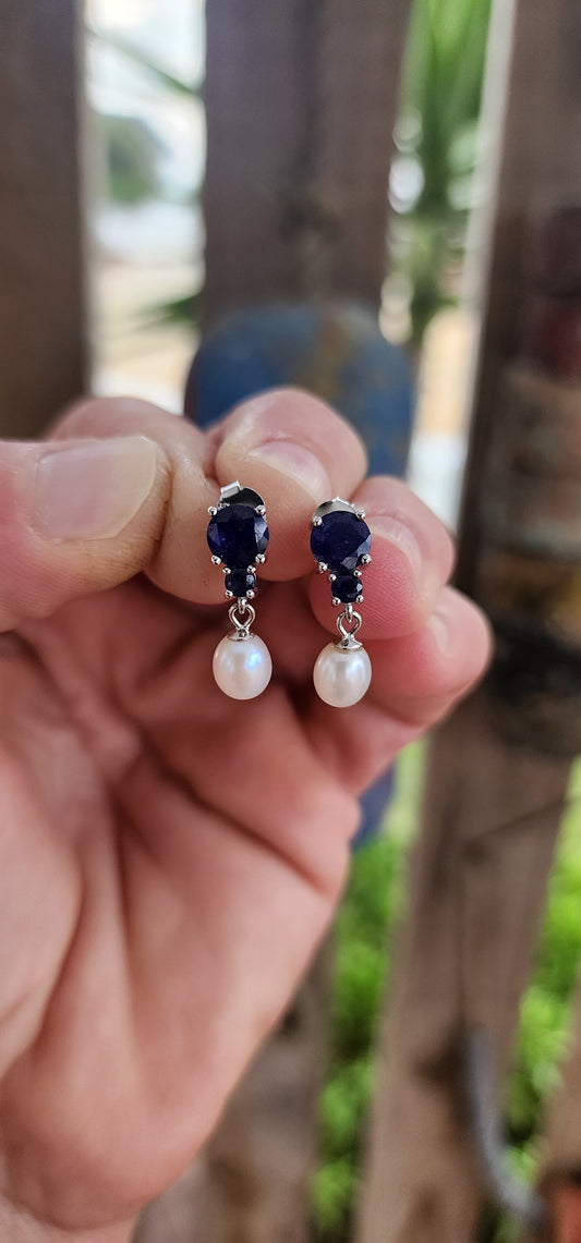 Elegant Sterling Silver Push-In Drop Earrings with Sapphires and Cultured Pearl Drops.