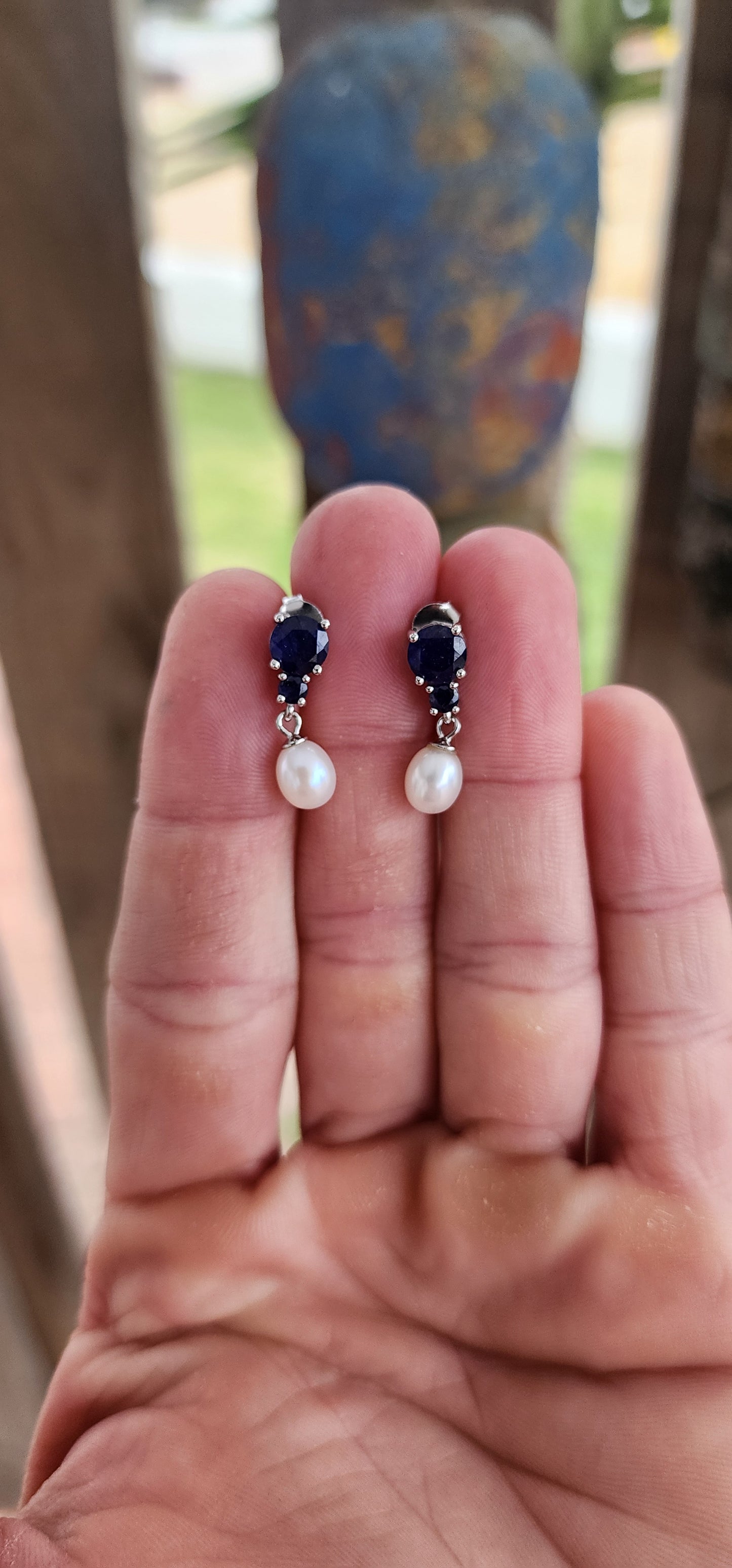 Elegant Sterling Silver Push-In Drop Earrings with Sapphires and Cultured Pearl Drops.