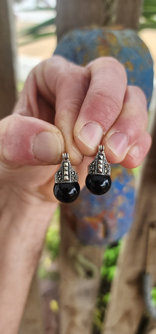 Vintage Art Deco-Inspired Sterling Silver and Onyx Orb Earrings.