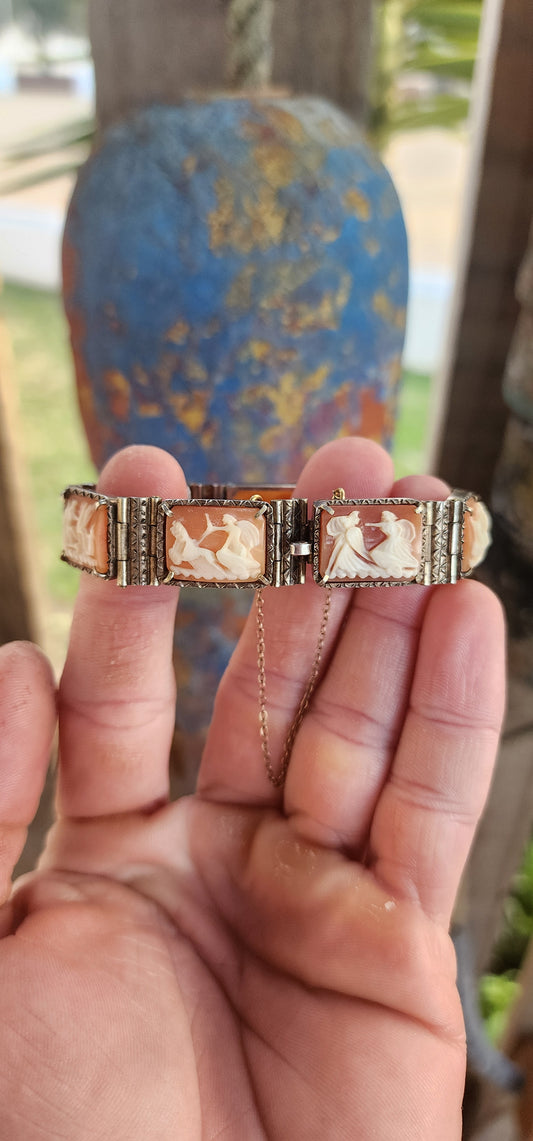A Rare Masterpiece of Victorian Mythology: Antique Italian Conch shell Cameo 7-Panel Bracelet.