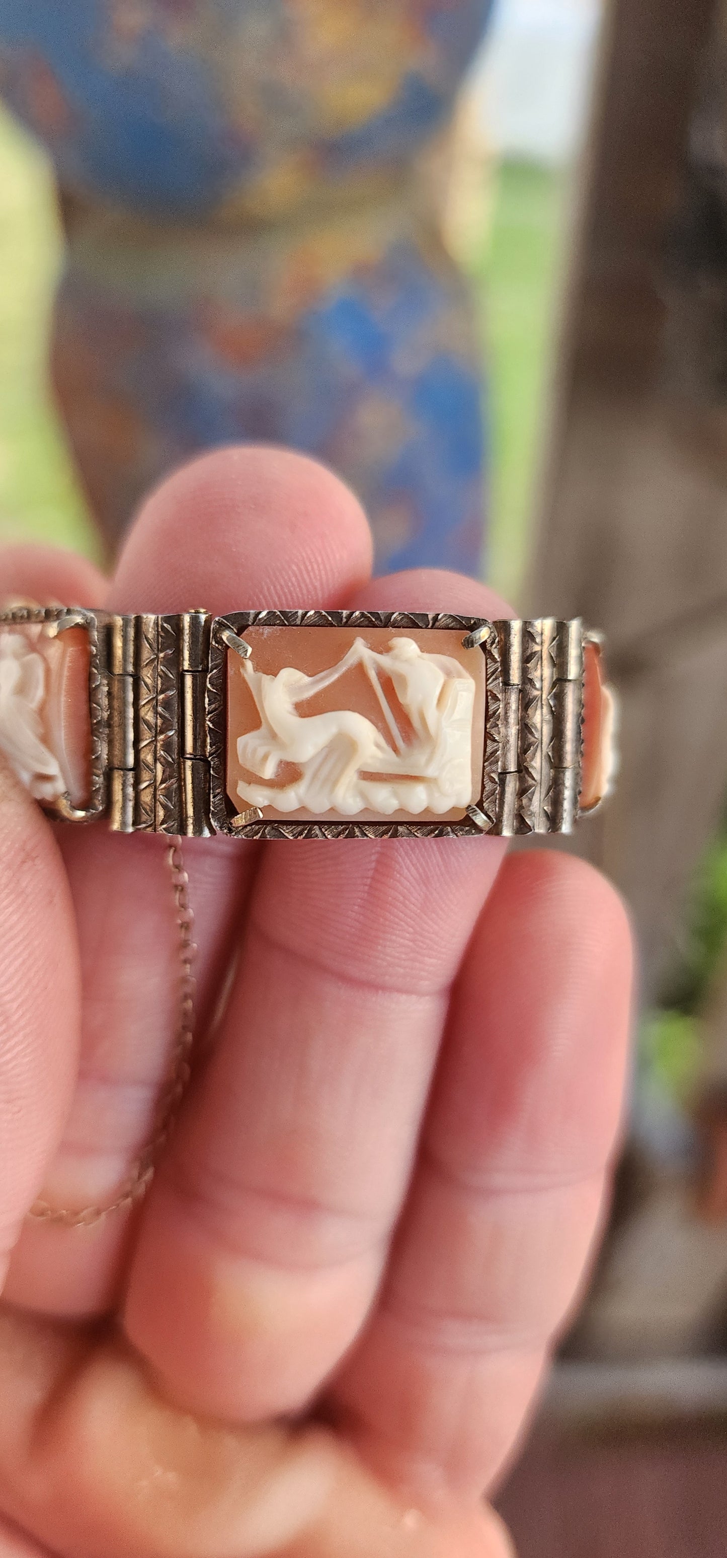 A Rare Masterpiece of Victorian Mythology: Antique Italian Conch shell Cameo 7-Panel Bracelet.