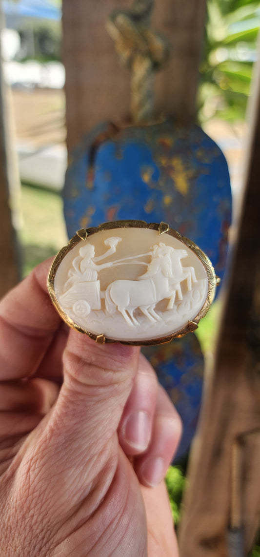 This is a generous-sized, antique late Victorian-era brooch, exquisitely crafted in warm-toned pinchbeck, a popular 19th-century alloy designed to resemble gold. Its mount cradles a beautifully hand-carved oval shell cameo.