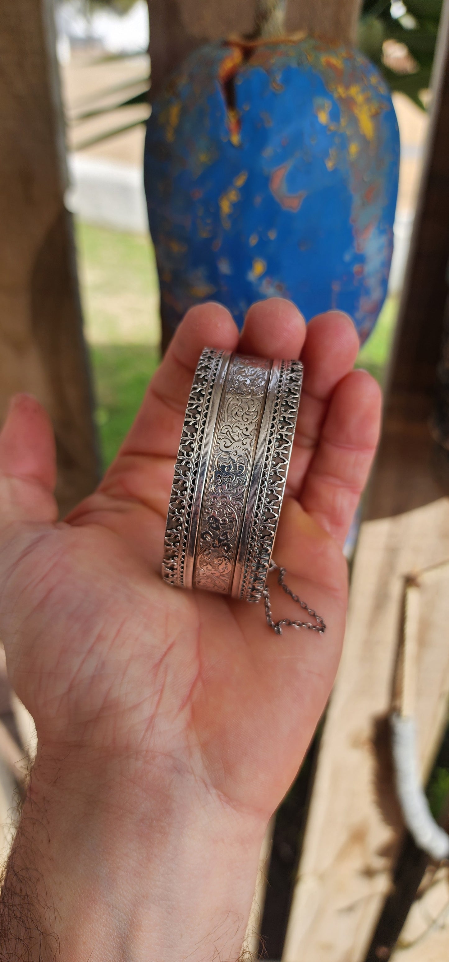 Victorian Sterling Silver Etruscan Revival Cuff Bangle – Circa 1870s.