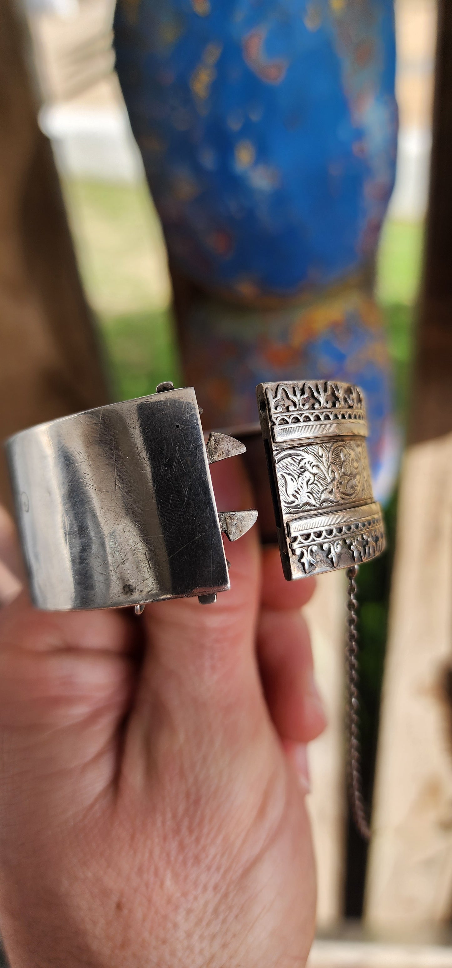 Victorian Sterling Silver Etruscan Revival Cuff Bangle – Circa 1870s.