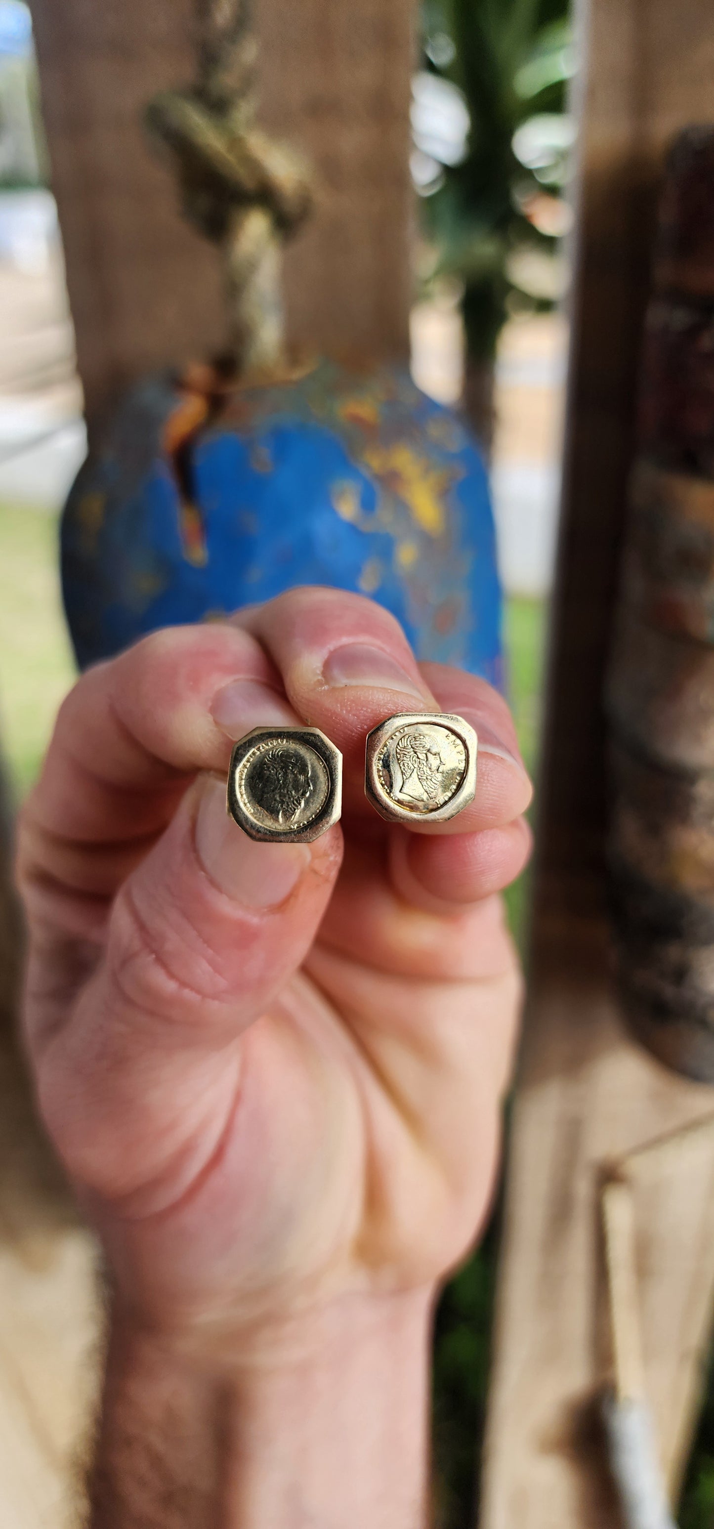 Striking Vintage-Inspired 9ct Gold Peso Coin Stud Earrings.Perfectly unisex!
