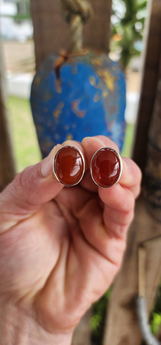 Sterling Silver & Carnelian Cabochon Artisan Earrings.