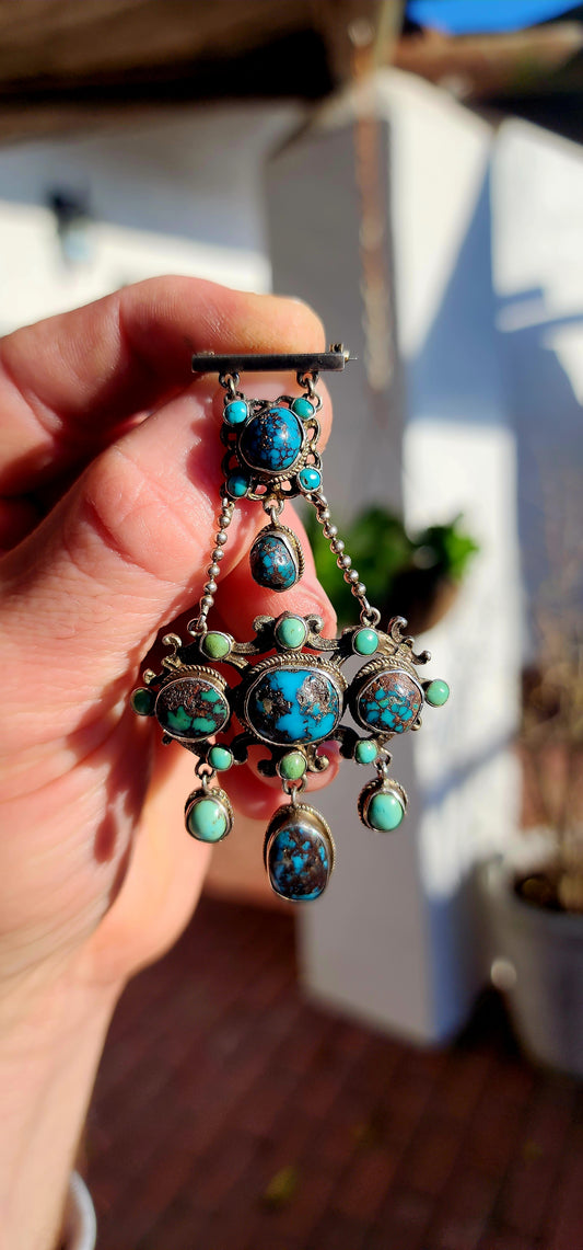 Antique Austro-Hungarian Sterling Silver and Natural Persian Turquoise Waterfall Brooch (Circa 1867–1900).