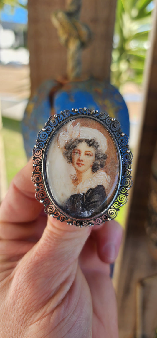 Antique Circa 1920s Hand-Painted Miniature Portrait Brooch/Pendant in 800 Silver.