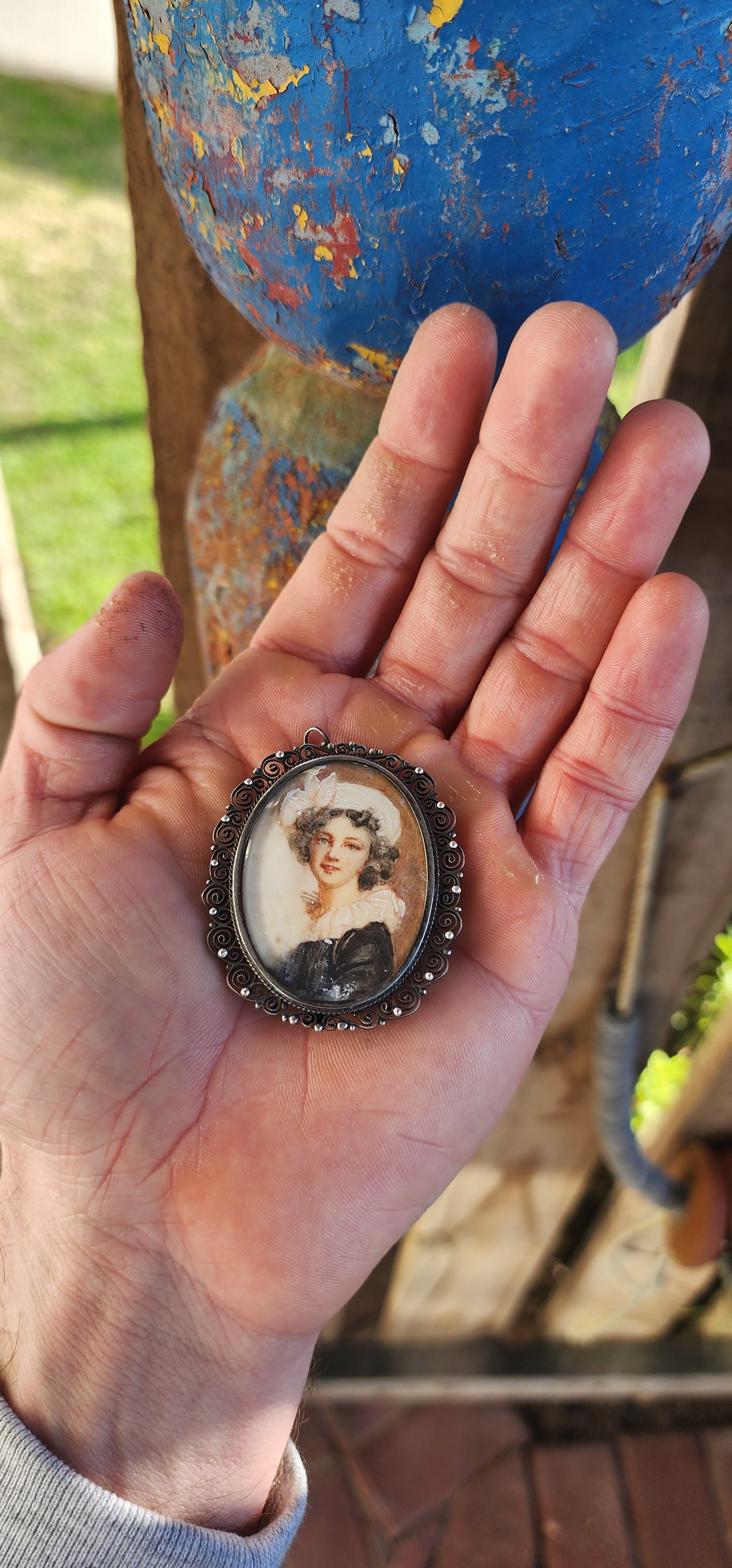 Antique Circa 1920s Hand-Painted Miniature Portrait Brooch/Pendant in 800 Silver.