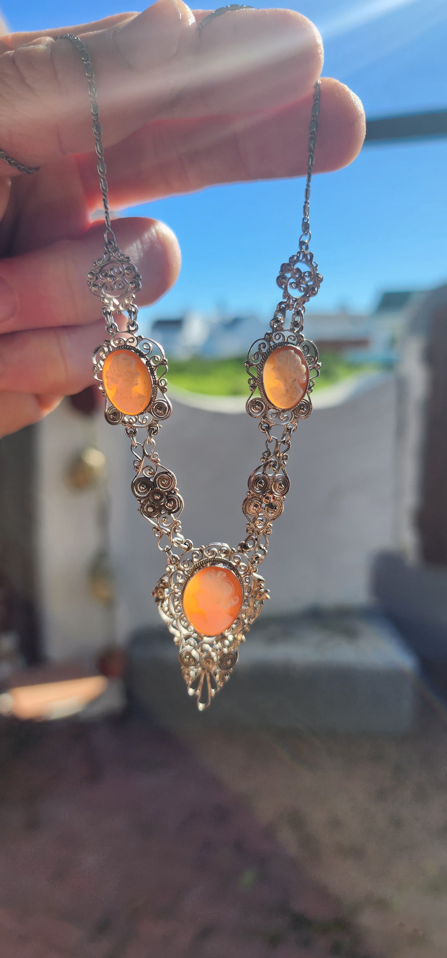 Vintage 1940's 800 Silver Filigree & Hand-Carved Shell Cameo Necklace.