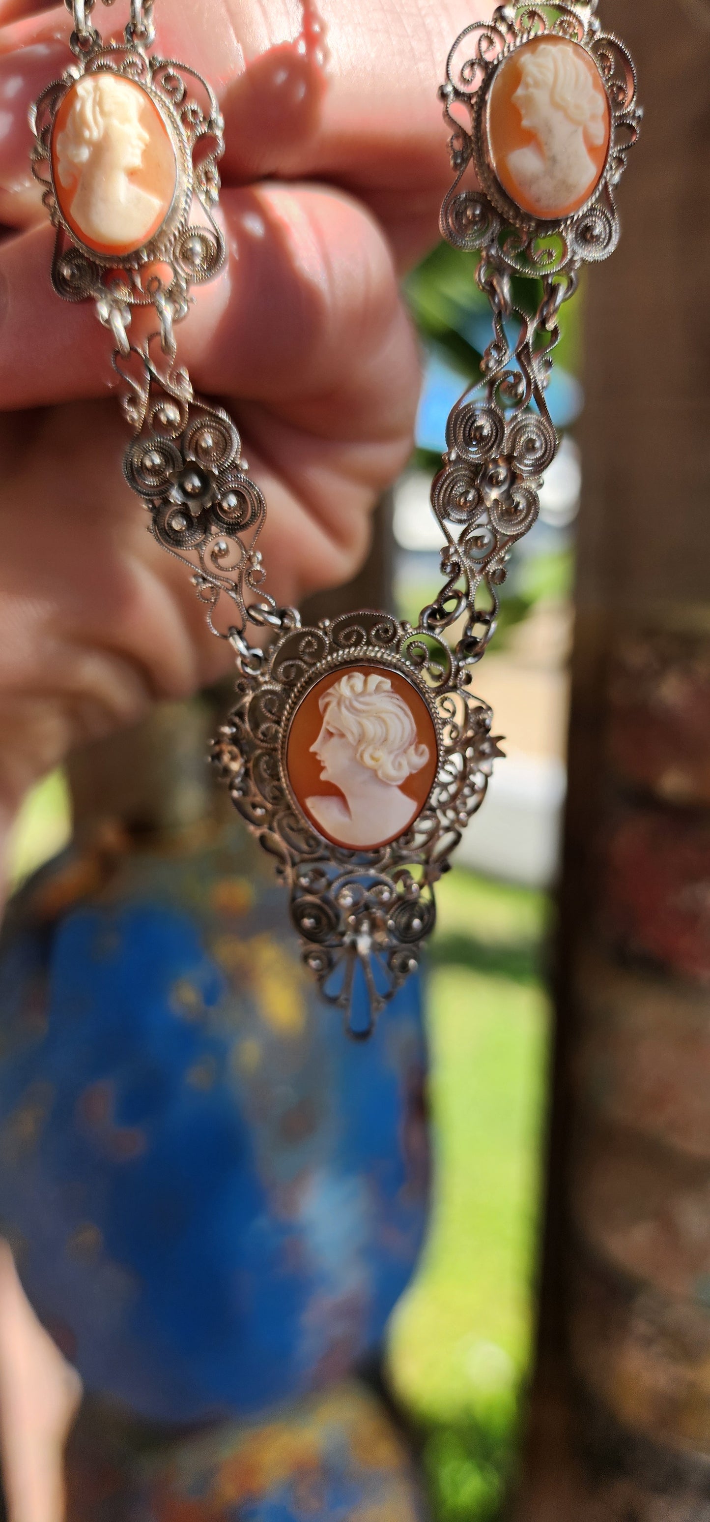 Vintage 1940's 800 Silver Filigree & Hand-Carved Shell Cameo Necklace.