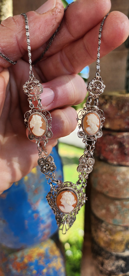 Vintage 1940's 800 Silver Filigree & Hand-Carved Shell Cameo Necklace.