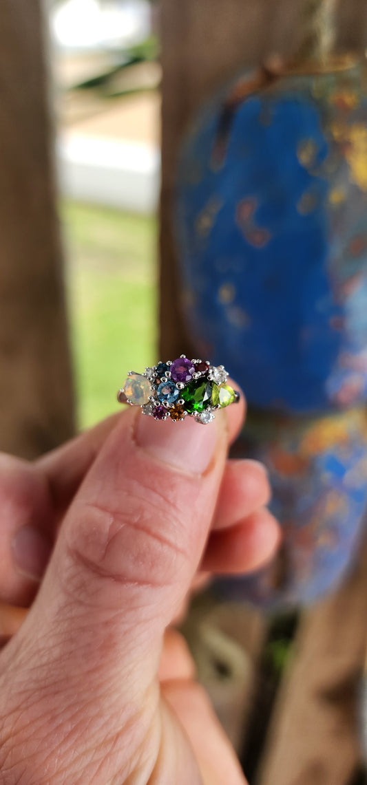 A Marvel of Color – Sterling Silver Multi-Gemstone Cluster Ring.