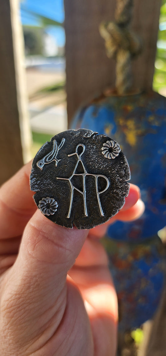 This remarkable and unusual brooch is crafted in solid 800 silver, designed with a strikingly modernist touch yet inspired by the deep past.