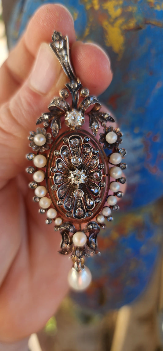 French Victorian Rose Gold & Diamond Brooch/Pendant, c.1850s.