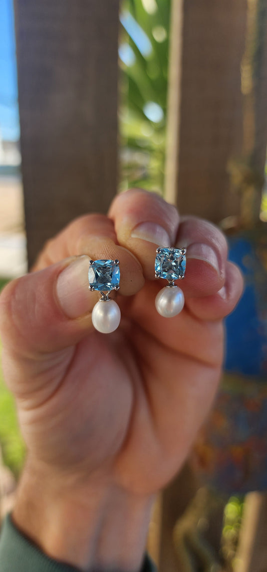 Elegant Sterling Silver Push-In Drop Earrings with Cushion-Cut Sky Blue Topaz and Cultured Pearl Drops.