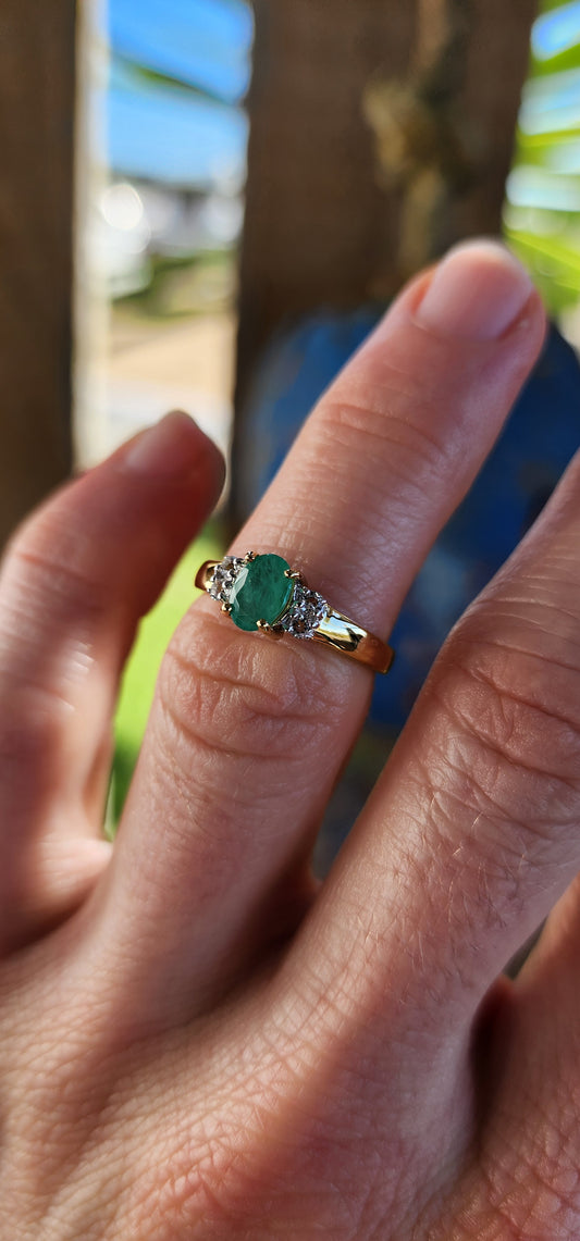 "Emerald Glow" – Emerald & White Topaz Trilogy Ring.