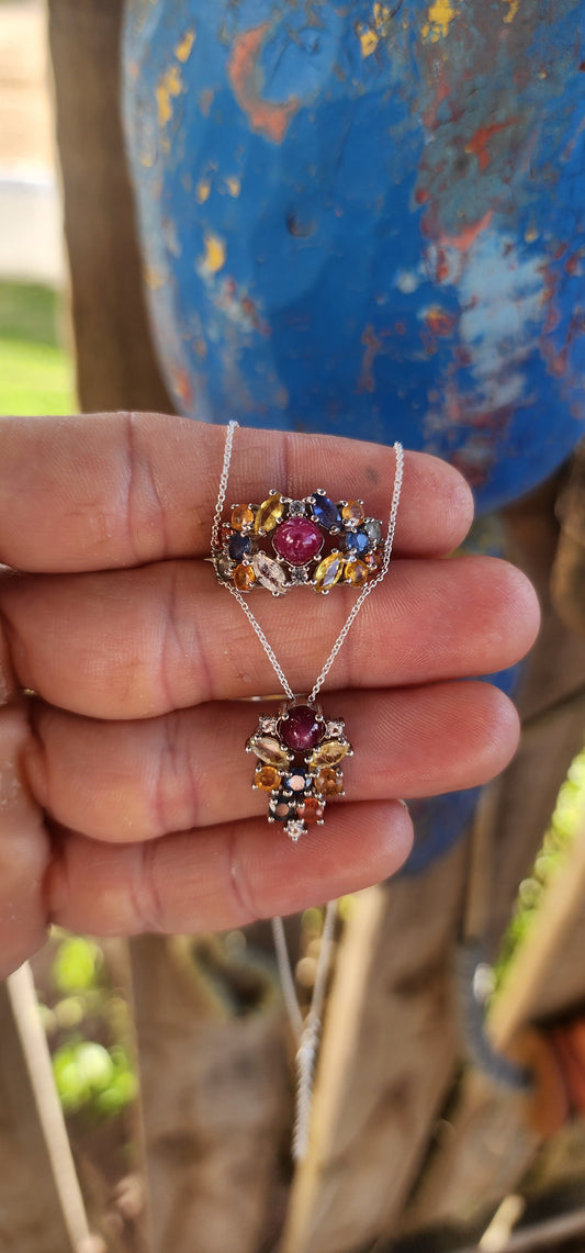 A Magical Duo – Sterling Silver Star Ruby & Sapphire Cluster Ring with Matching Pendant.